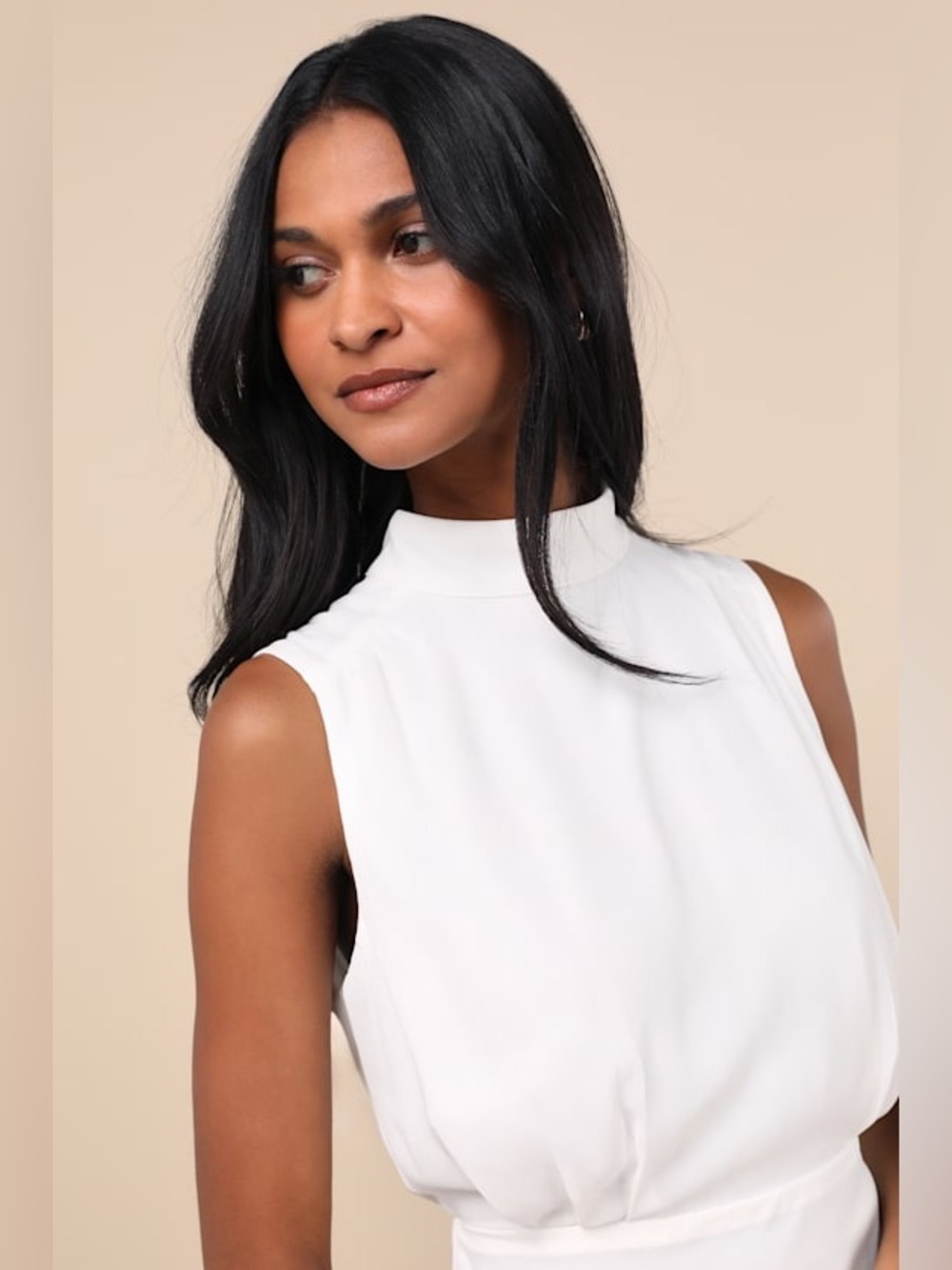 Lulus Classic Elegance White Chiffon Sleeveless Mock Neck Mini Dress - Picture 4 of 8
